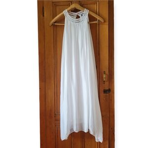 Made in Italy Silk Blend Crochet Yoke Midi Dress White Boho Lagenlook L